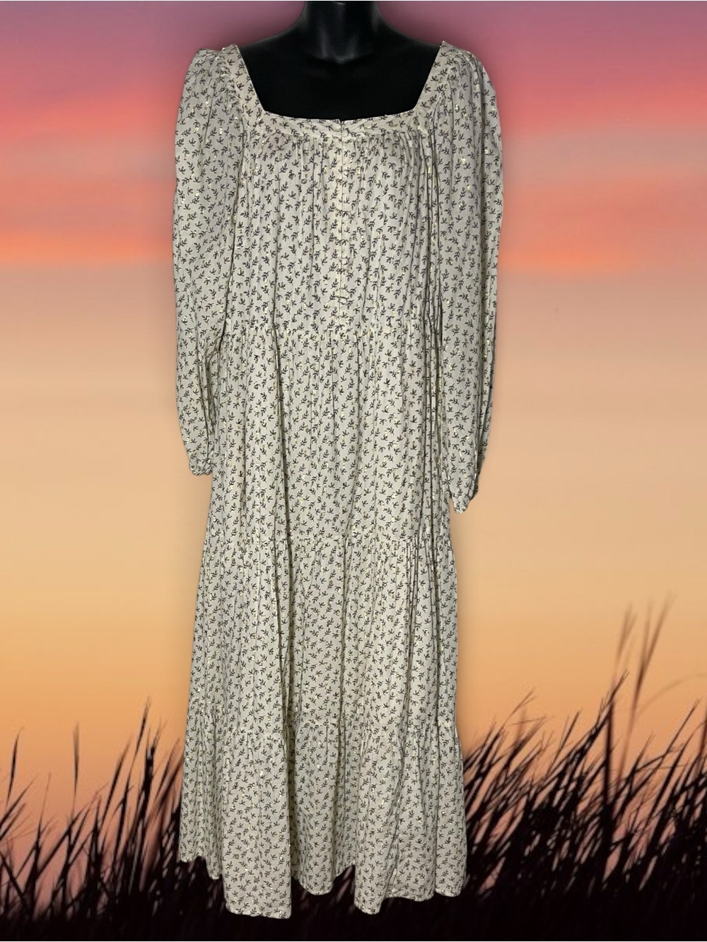 NWT Old Navy Floral Gold Lurex Metallic Tiered Maxi Dress Cottagecore Boho XL
